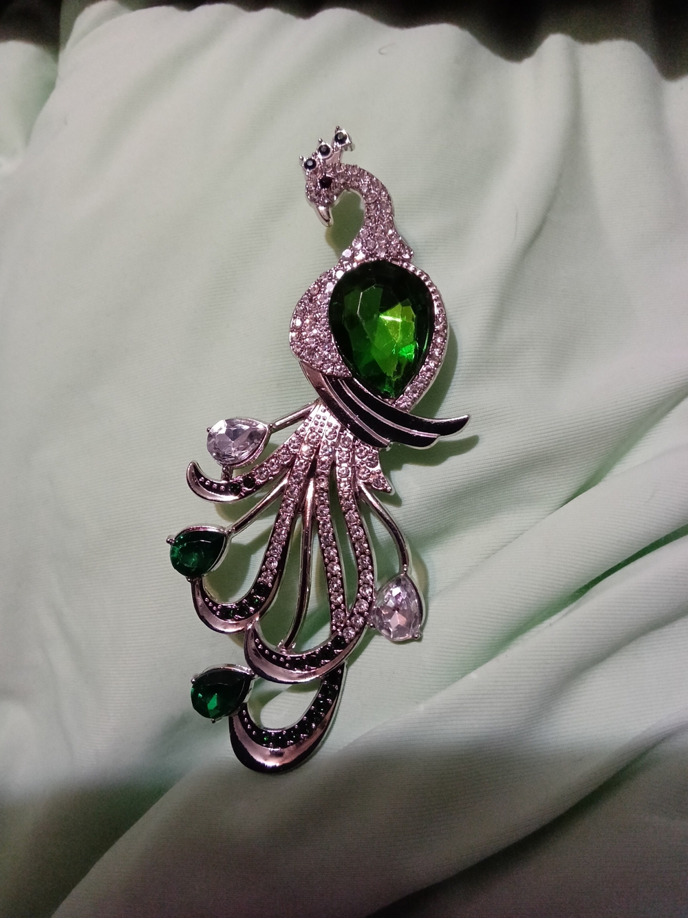 Exotic Peacock Brooch with Green Crystal Accent - Women's Jewelry